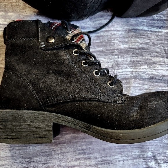 Rock & Candy Black Ankle Boots Plaid Lined Lace Up Chunky Heel Grunge - Picture 11 of 11